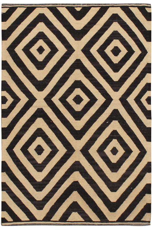 N-3558 - Modern Black Flatweave Diamond Rug